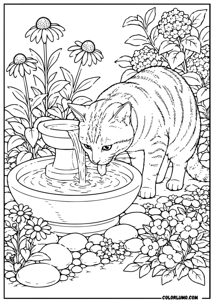 Realistic Cat Drinking Water coloring sheet
