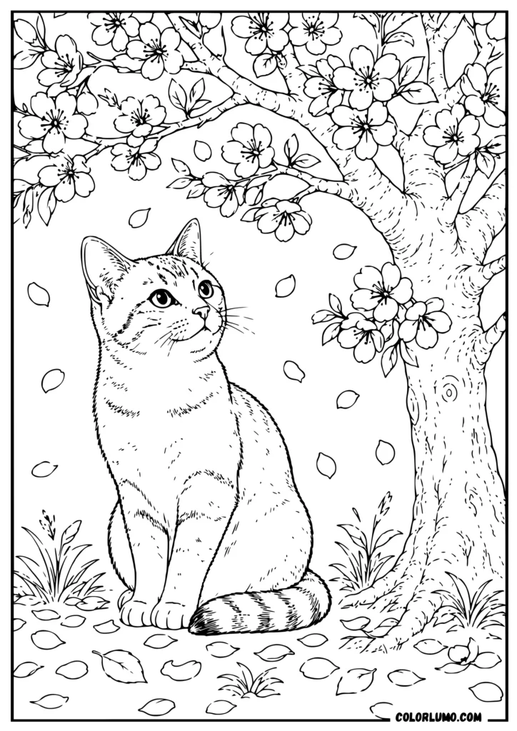 Realistic Cat Under a Cherry Blossom Tree coloring pages