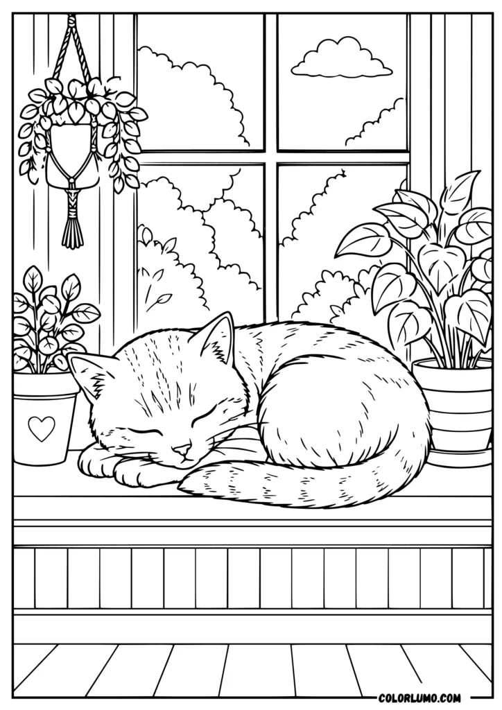 Realistic domestic cat sleeping on a windowsill coloring page
