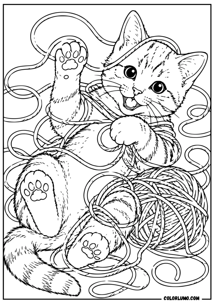 Realistic playful cat tangled in a ball of yarn coloring sheet