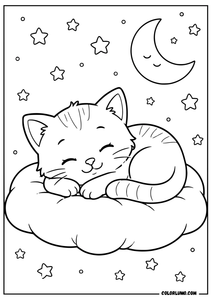 Sleeping kitten on a pillow coloring page for children