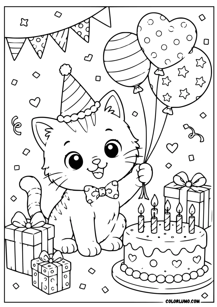 cute kitten celebrating the birthday coloring pages
