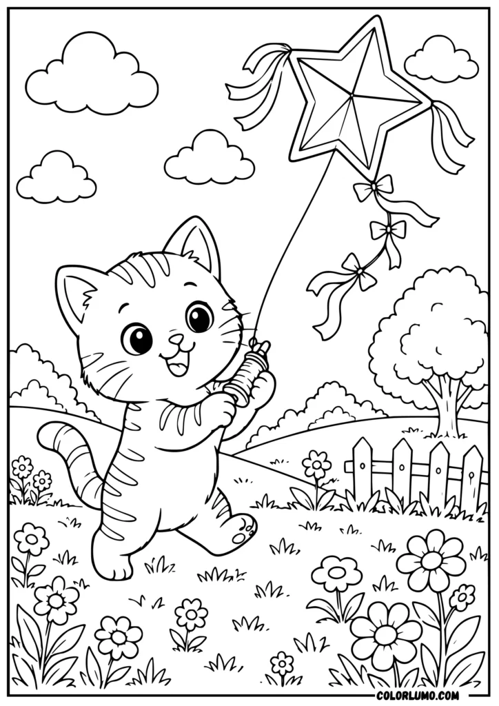 kitten flying a large star-shaped kite coloring pages