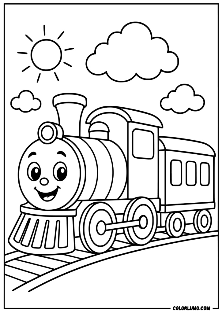 A friendly cartoon train with a smiling face, big wheels, short chimney coloring page