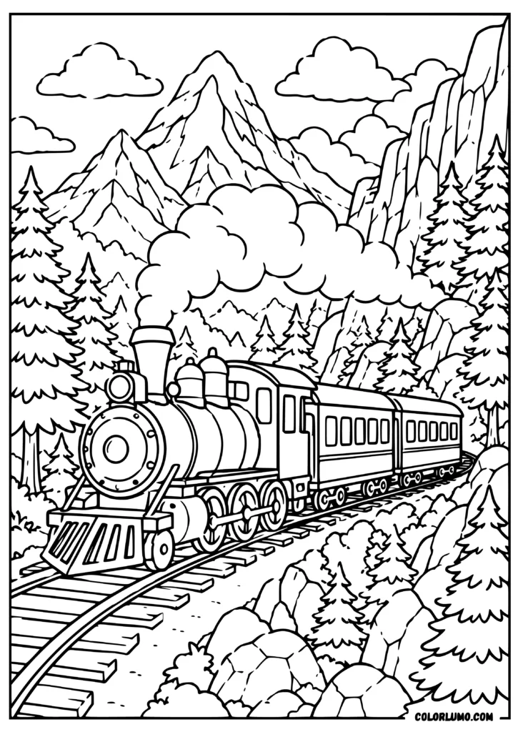 A vintage steam locomotive traveling through tall mountains and dense pine forests coloring pages