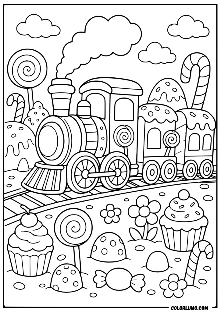 Candy themed train coloring page with lollipops, cupcakes, and sweet land scenery
