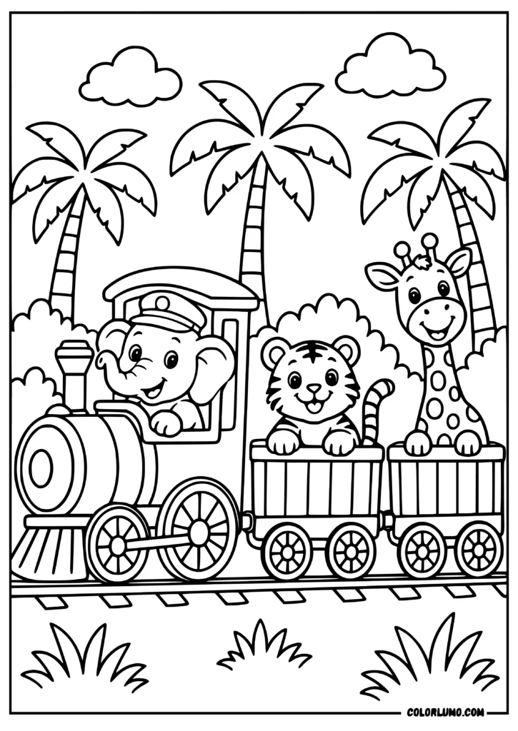 Cute animal train coloring page featuring an elephant driving a steam train with a tiger and giraffe riding through a simple jungle