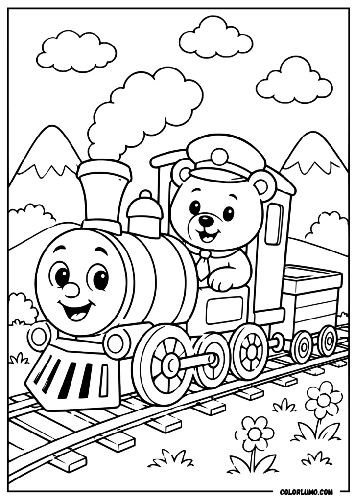 Cute bear conductor driving a smiling steam train through a mountain landscape coloring page