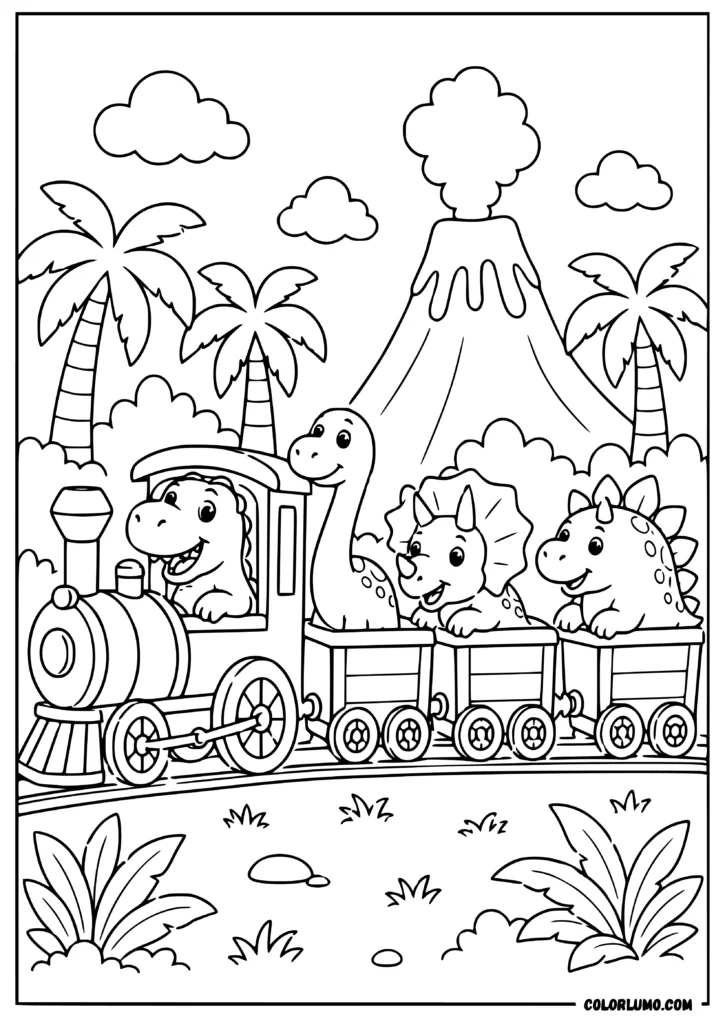 Cute dinosaur train coloring page featuring a baby T-Rex driving a steam train with smiling Brontosaurus, Triceratops, and Stegosaurus riding through a prehistoric jungle with a volcano