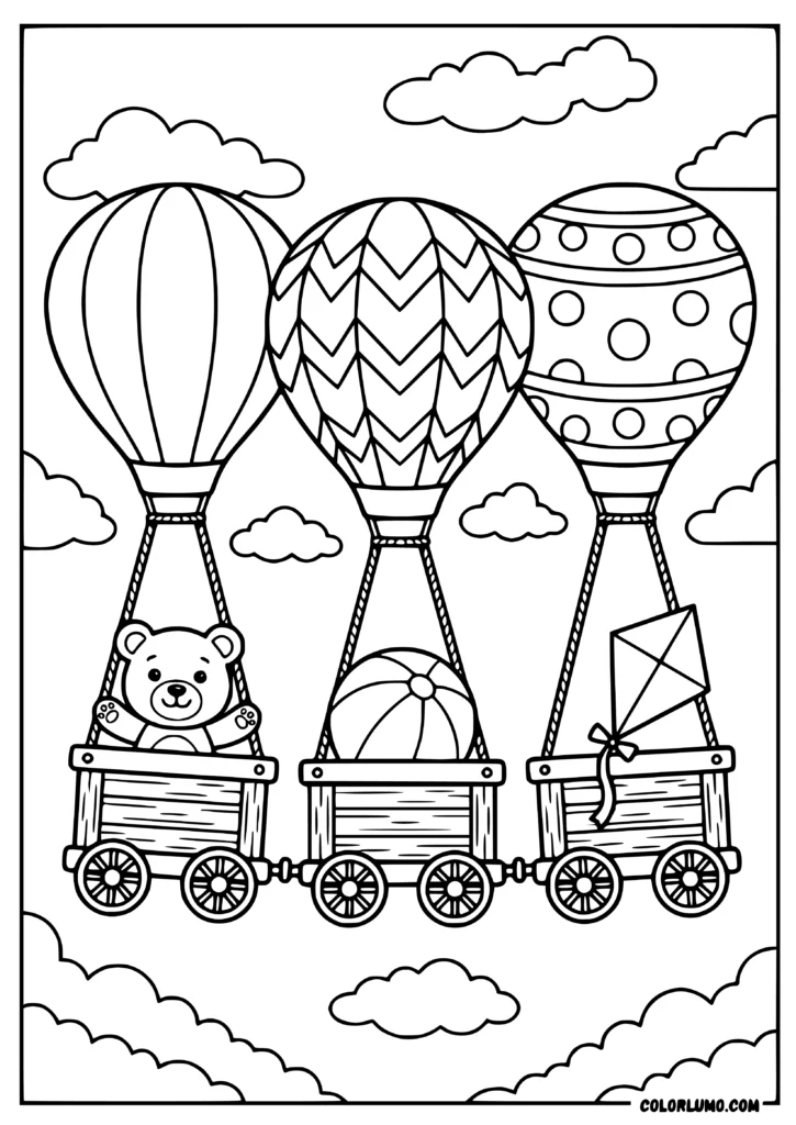 Cute hot air balloon train coloring page featuring three floating wagons with a teddy bear, beach ball, and kite surrounded by fluffy clouds