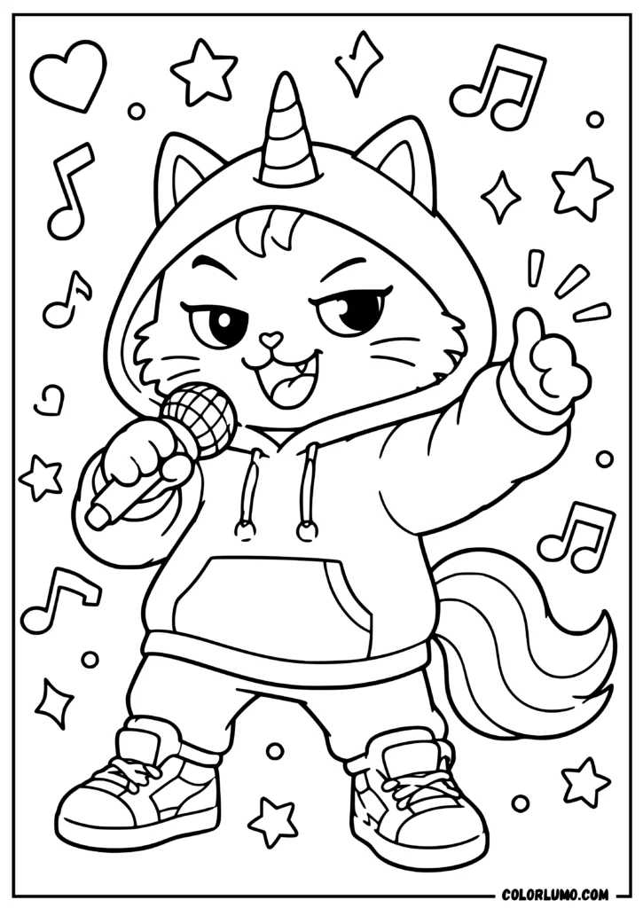 Cute kawaii unicorn cat rapper coloring page