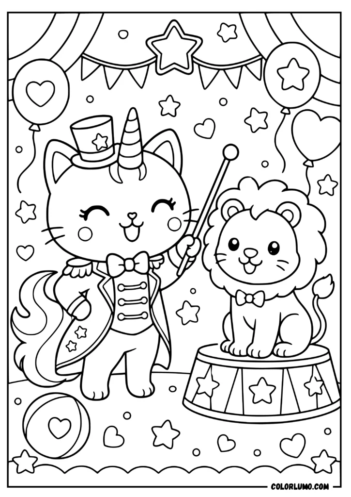 Cute kawaii unicorn cat ringmaster coloring page