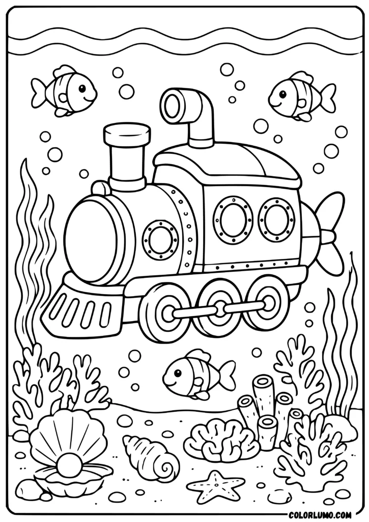 Cute submarine train coloring page exploring the ocean with fish, coral, and bubbles