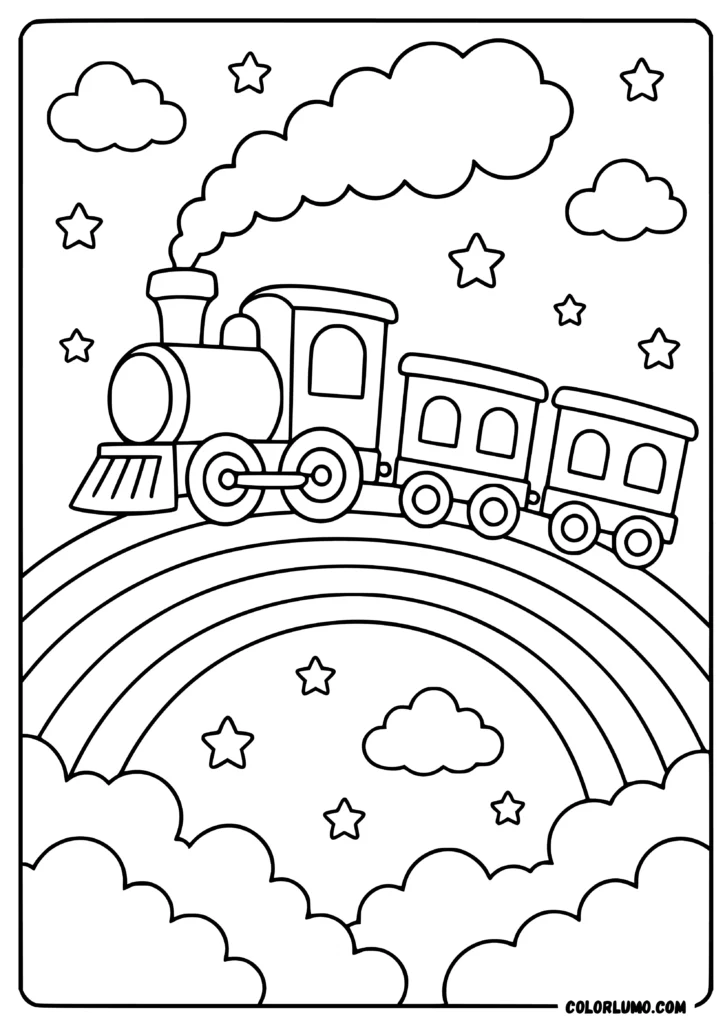 Cute train coloring page crossing a rainbow bridge with clouds and stars