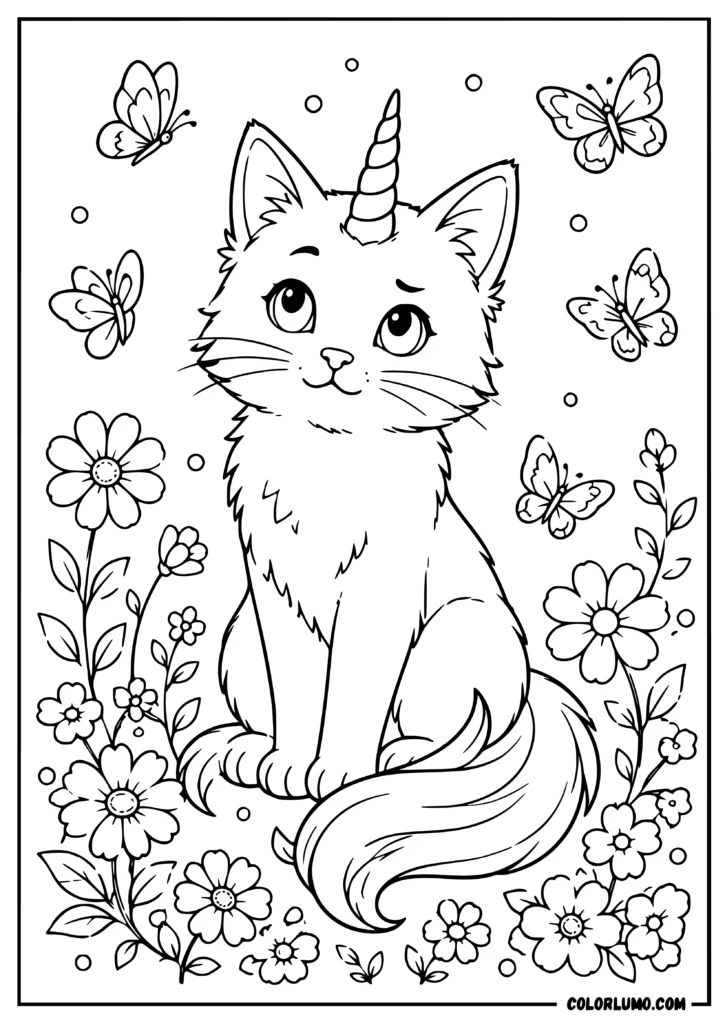 Cute unicorn cat coloring page with butterflies and flowers