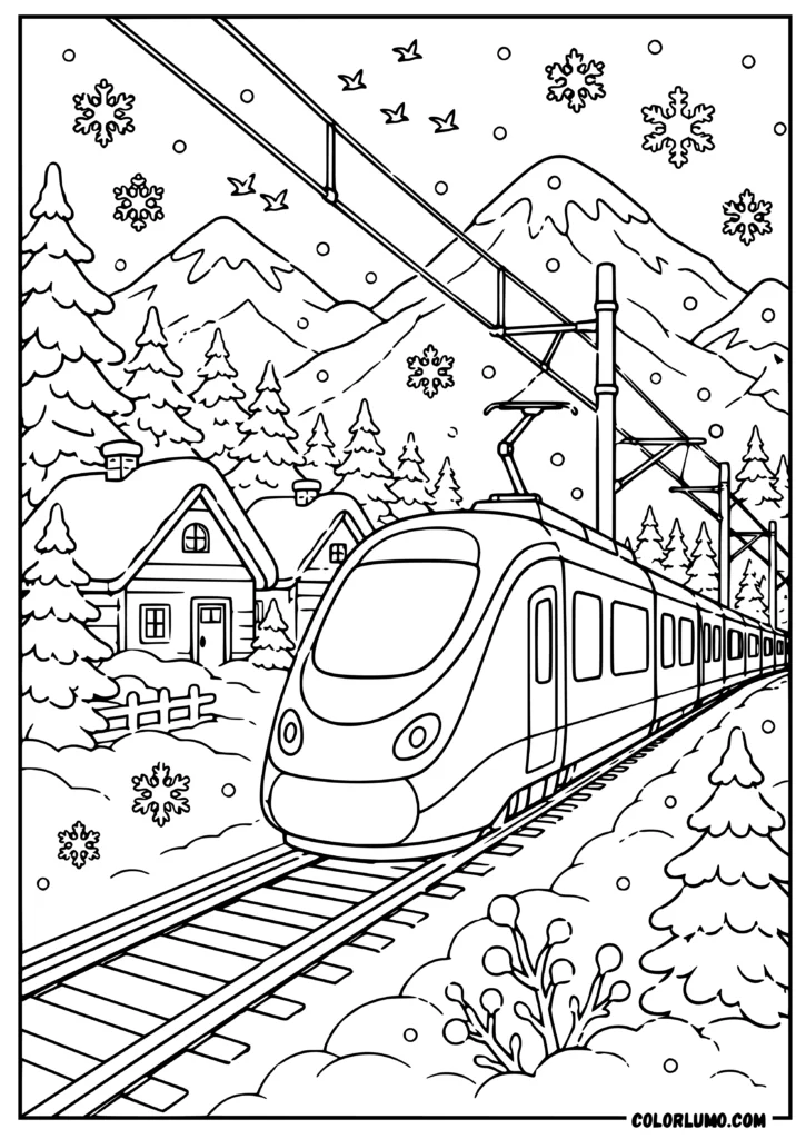 Electric train coloring page with snowy trees, mountains, cabins, and winter scenery