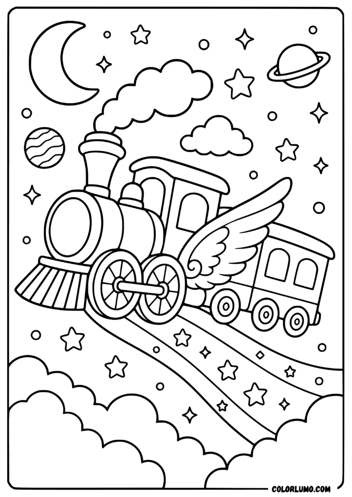 Flying train coloring page with wings, clouds, moon, and stars