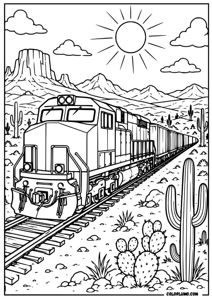 Freight train coloring page crossing a desert with cactus and mountains