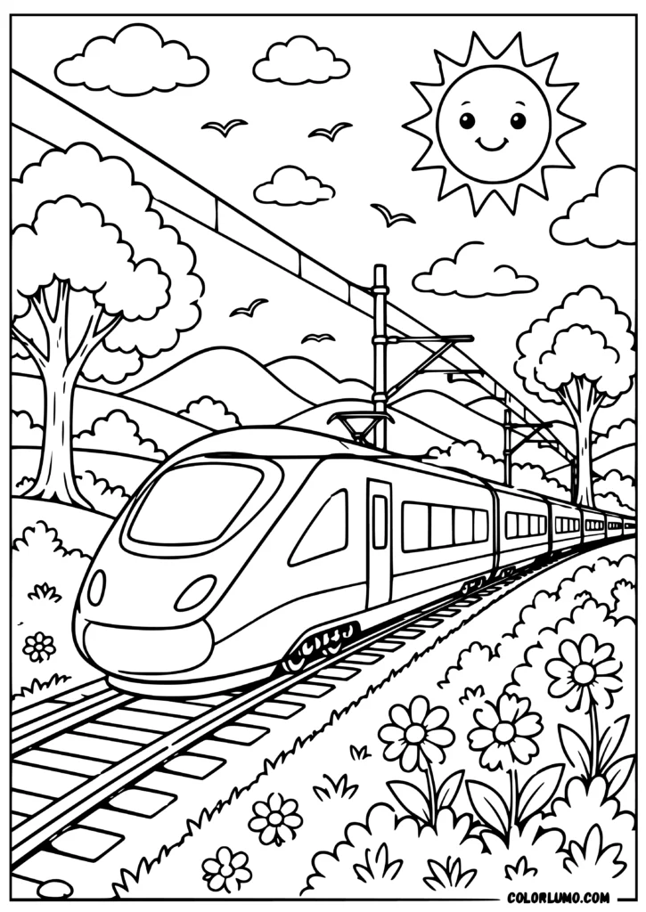 High-speed electric train coloring page with countryside, power lines, hills, and trees