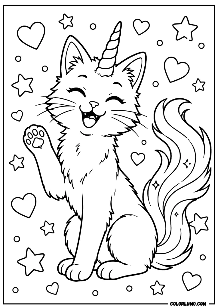 Laughing unicorn cat with fluffy tail coloring page