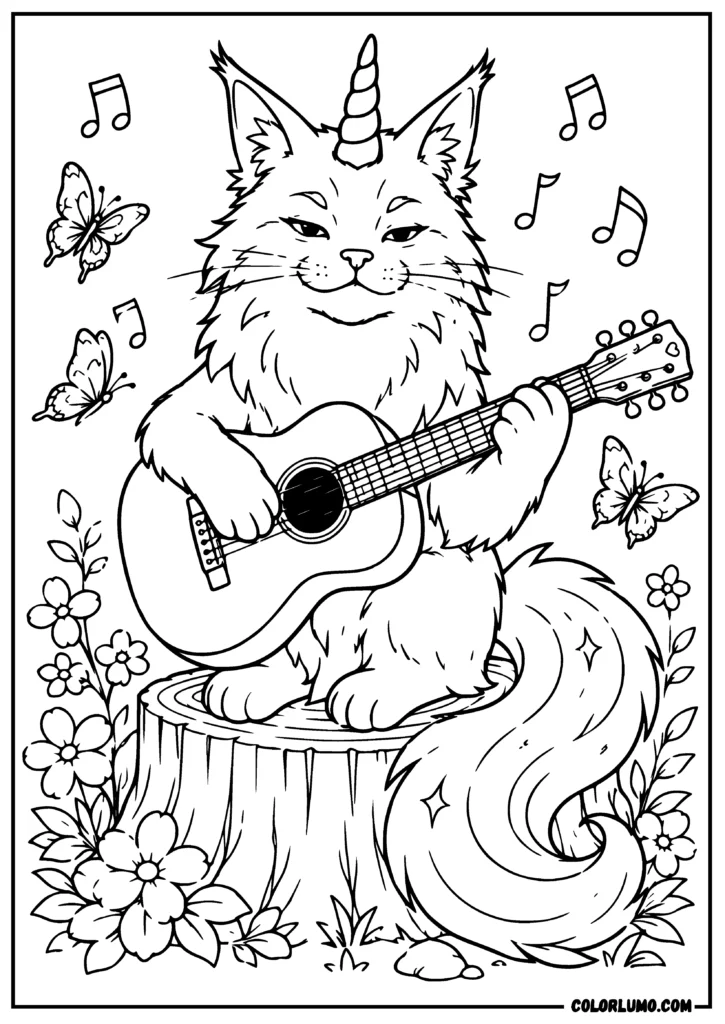 Maine Coon unicorn cat playing guitar coloring pages