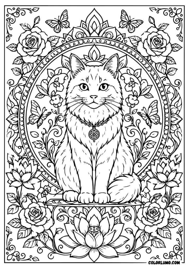 Mandala Cat with Floral Frame coloring pages