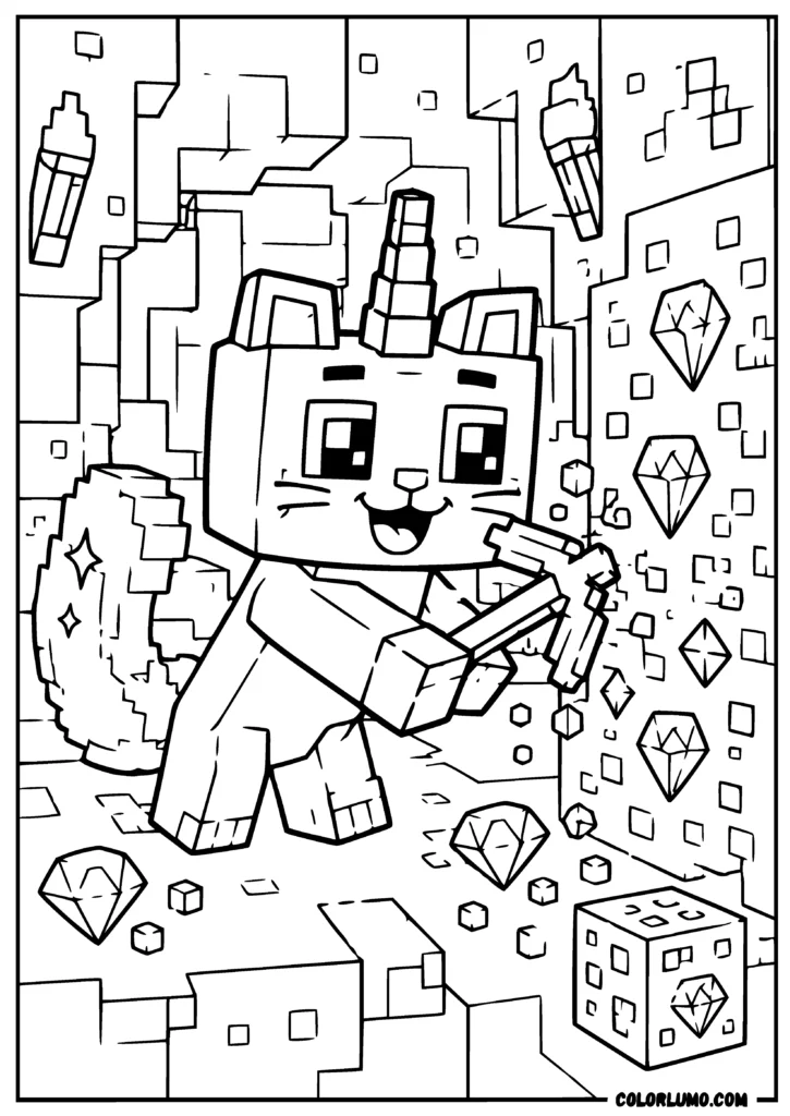Minecraft inspired unicorn cat coloring pages