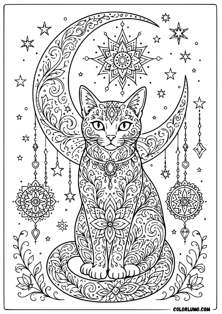 Moon & Stars Mandala Cat coloring sheet