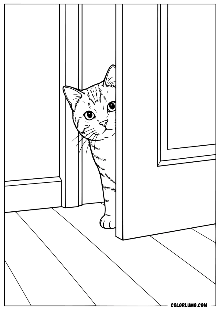 Realistic cat hiding behind a door coloring page