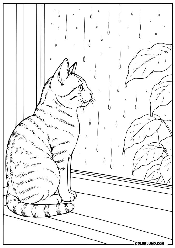 Realistic cat watching rain through a window coloring page
