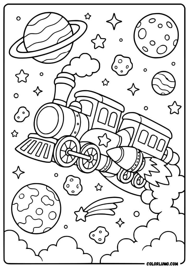 Rocket-powered space train coloring page with planets, stars, and galaxy scenery