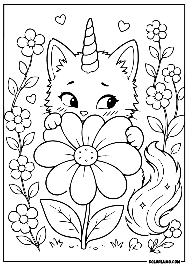 Shy unicorn kitten hiding behind flower coloring page