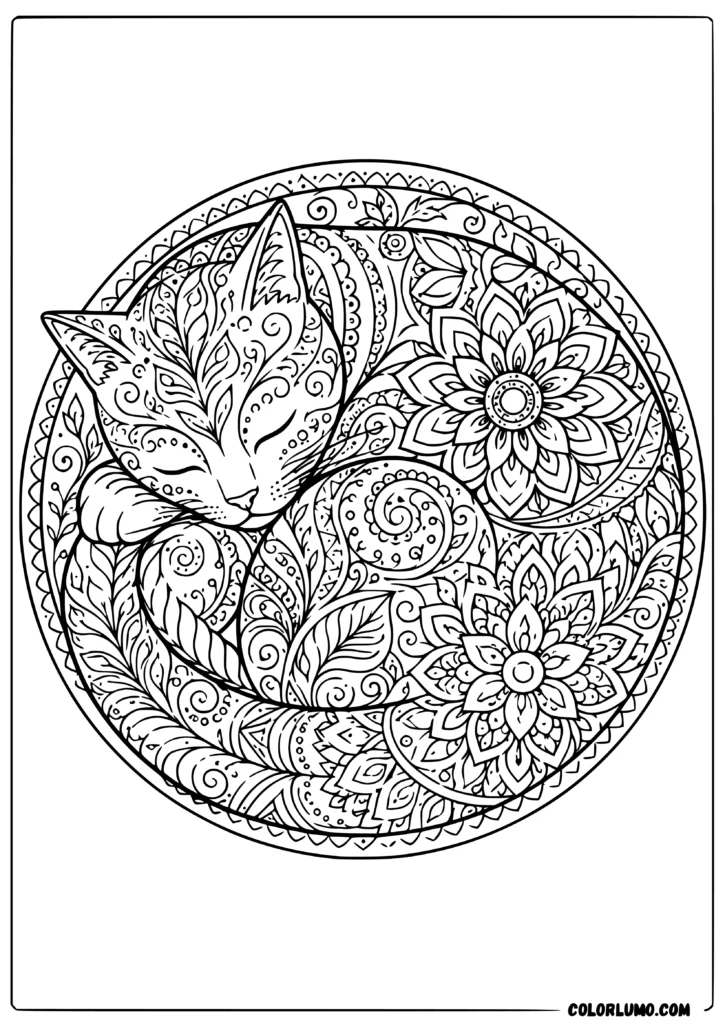 Sleeping Cat Curled Mandala coloring pages