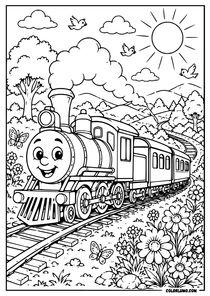 Smiling cartoon steam train coloring page with hills, trees, flowers, and clouds