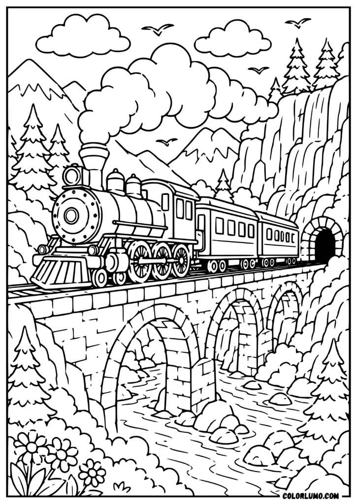 Steam engine coloring page crossing a mountain bridge with river, pine trees, and waterfalls