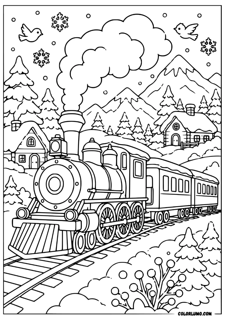 Steam locomotive coloring page in snowy winter landscape with cabins, mountains, pine trees, and snowflakes