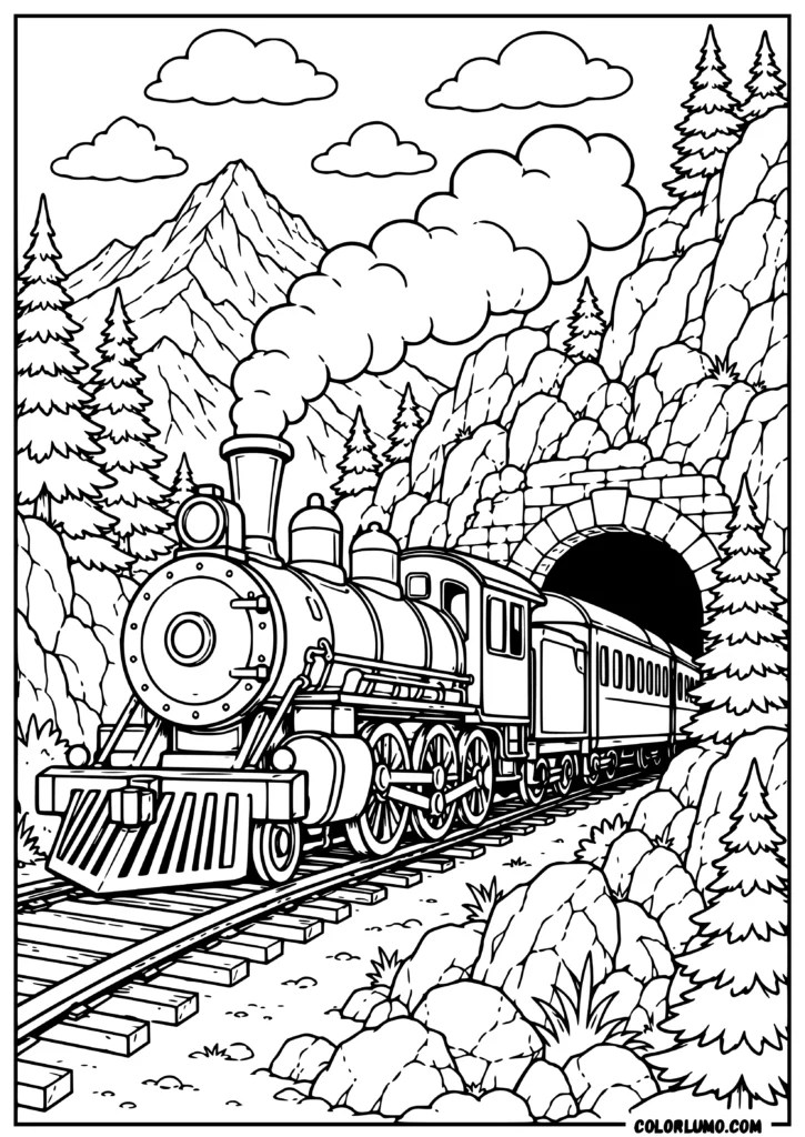 Steam locomotive coming out of a mountain tunnel with pine trees and rocky cliffs