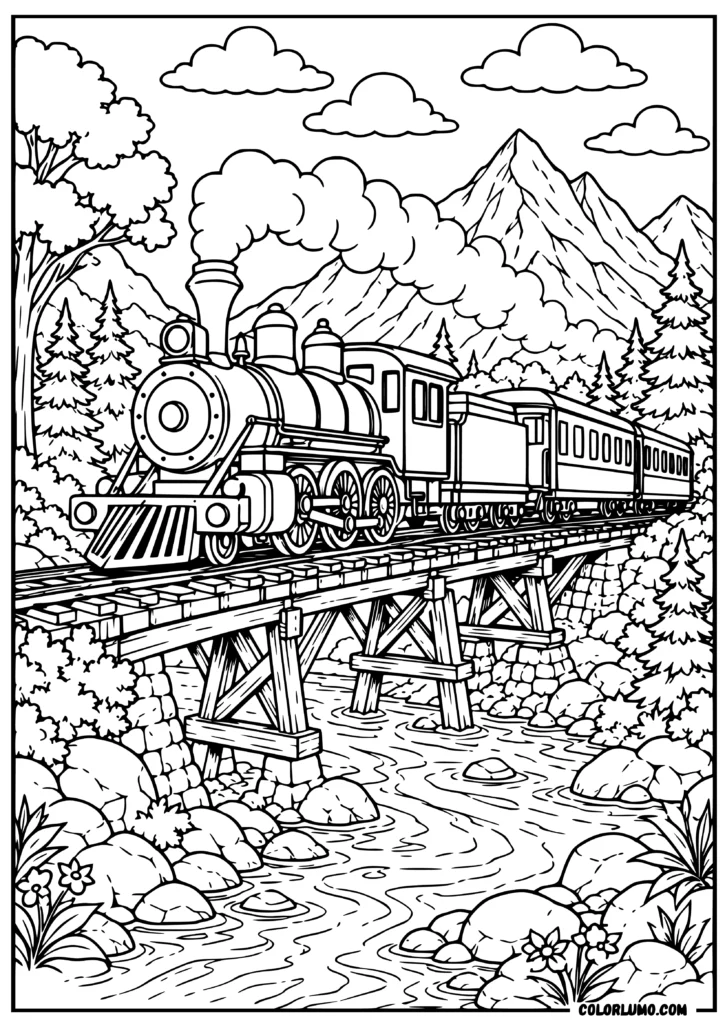 Steam locomotive crossing a wooden bridge over a river with mountains and trees