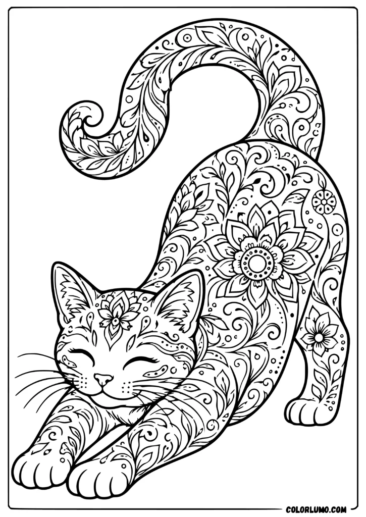 Stretching Mandala Cat coloring page