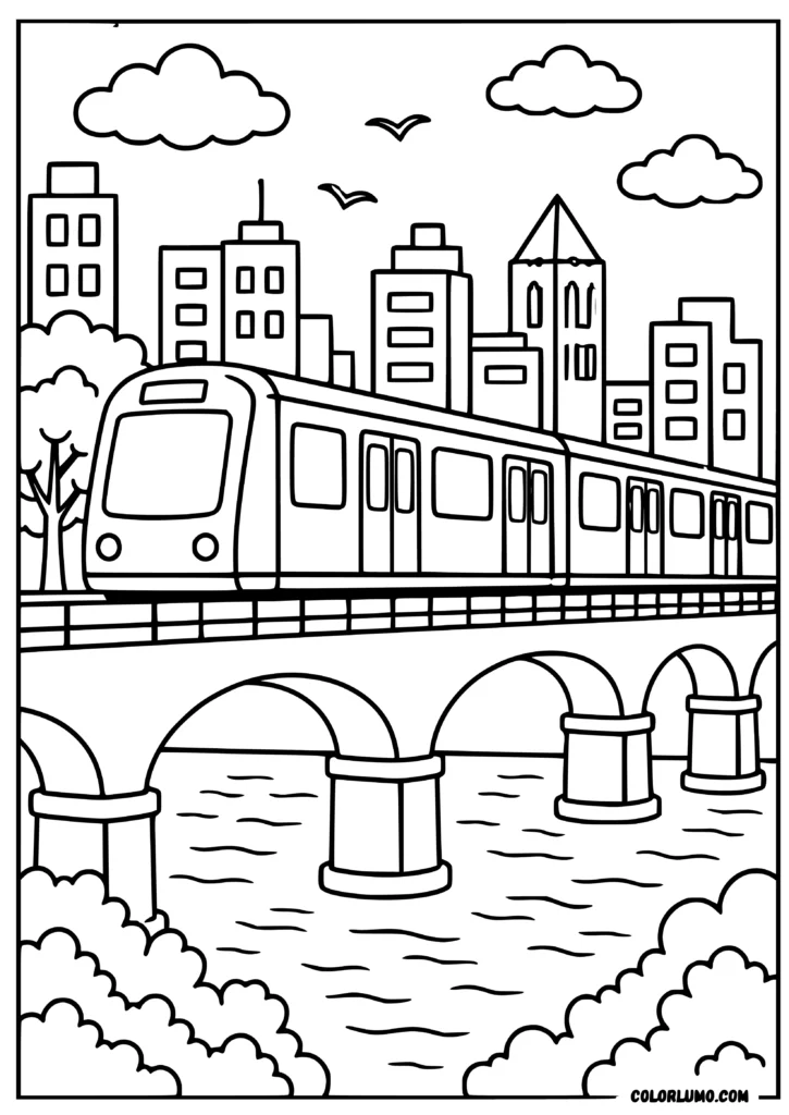 Subway train coloring page crossing a city bridge with river, buildings, trees, and clouds