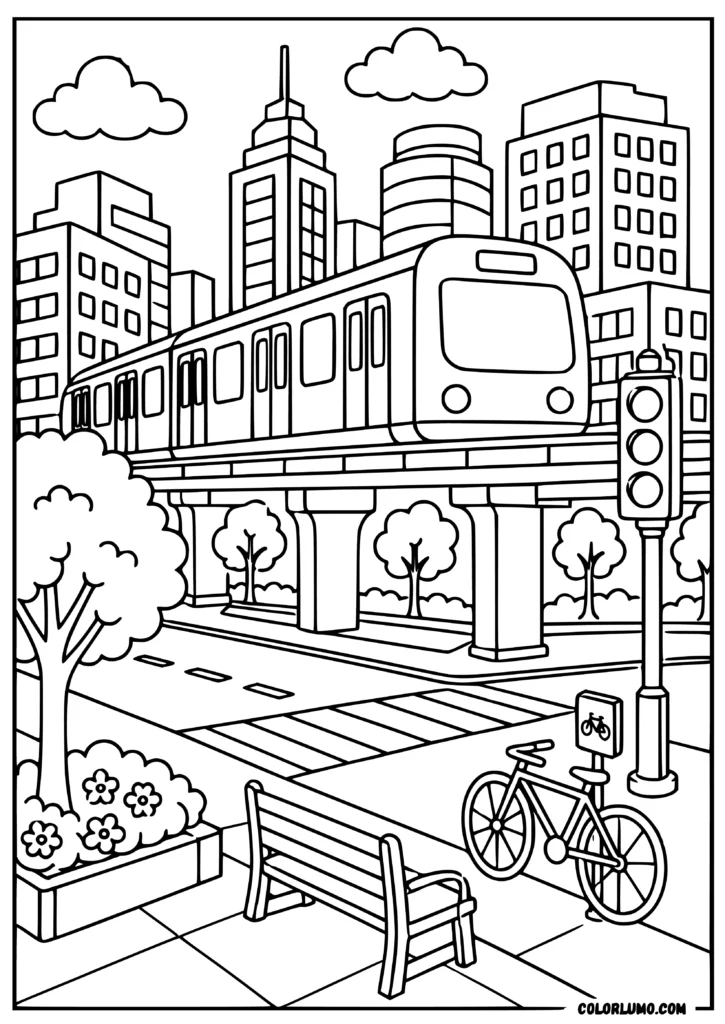 Subway train coloring page with skyscrapers, trees, sidewalks, traffic lights, and bicycles