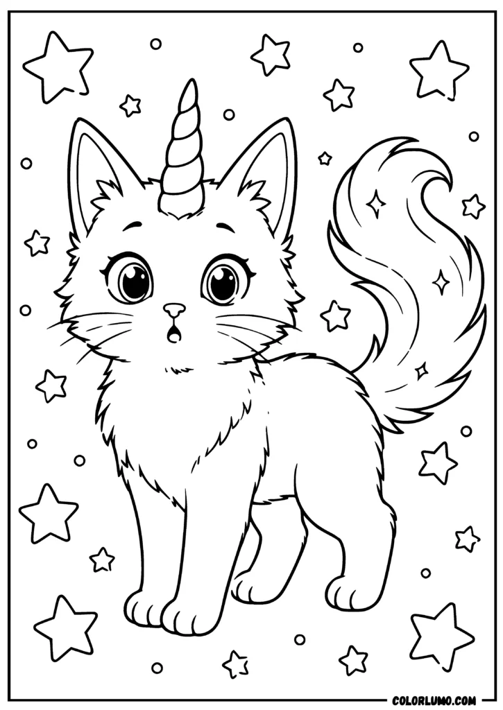 Surprised unicorn cat with stars coloring page