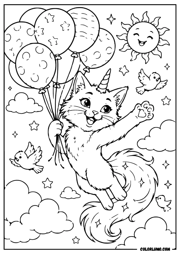 Unicorn cat floating with balloons coloring sheets