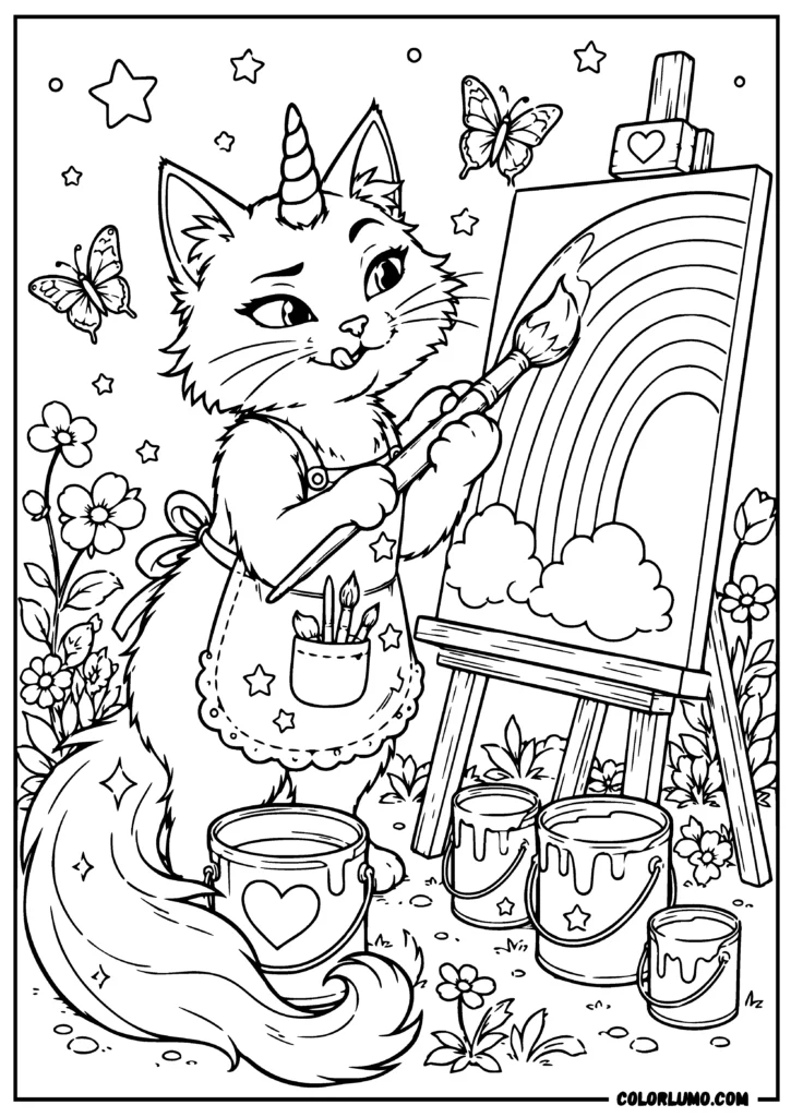Unicorn cat painting a rainbow coloring page