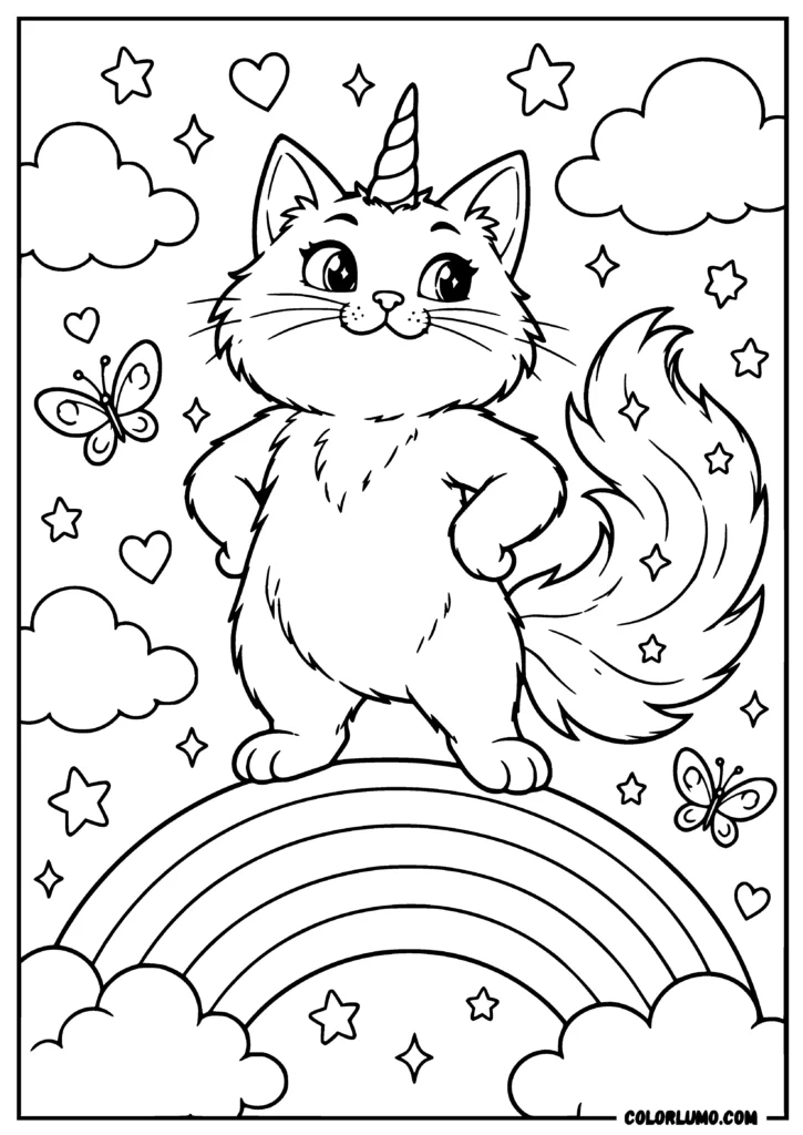 Unicorn cat standing on a rainbow coloring pages
