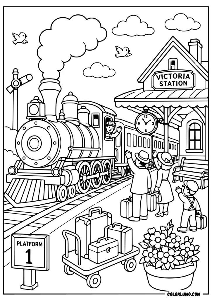 Vintage railway station coloring page with steam locomotive, platform, station building, and passengers