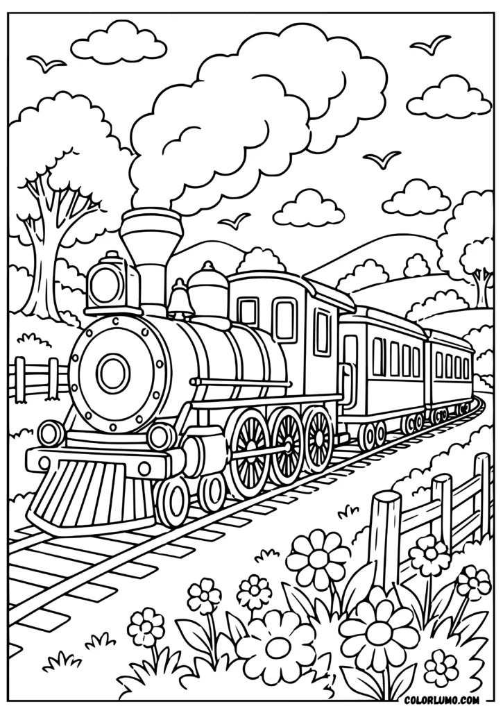 Vintage steam locomotive coloring page with passenger coaches, countryside hills, trees, and clouds