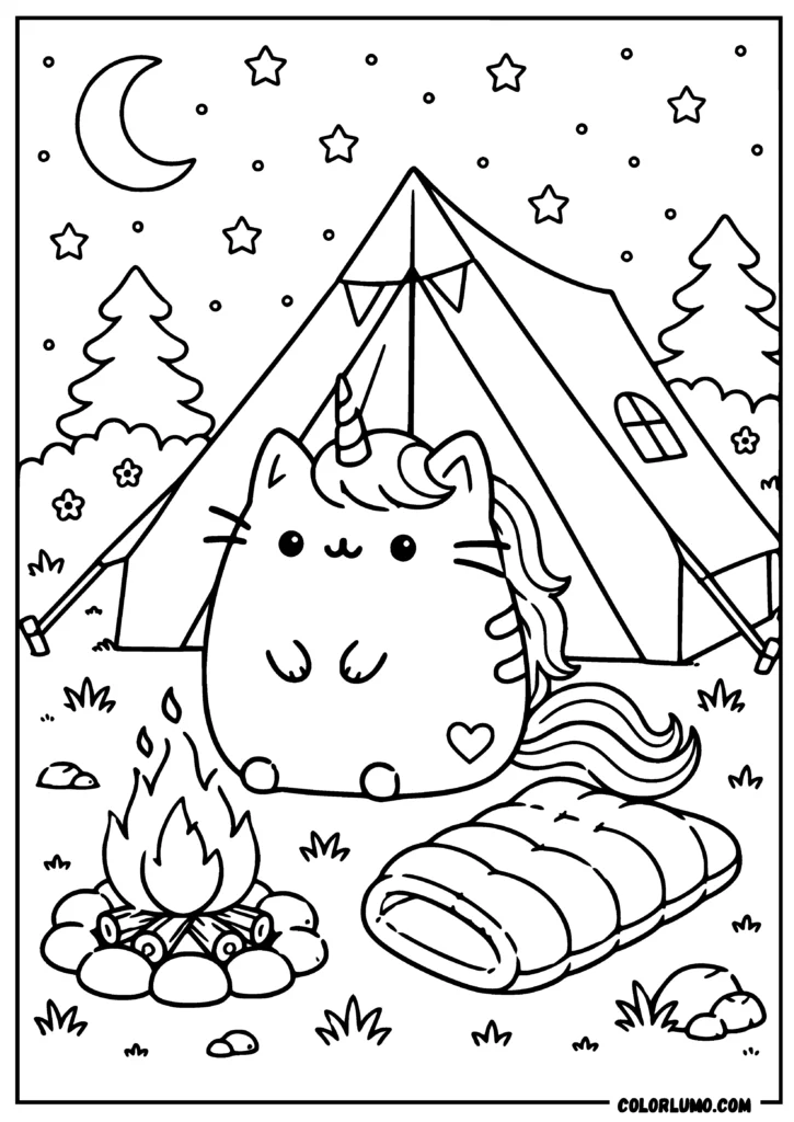 cute unicorn Pusheen cat camping at night coloring pages
