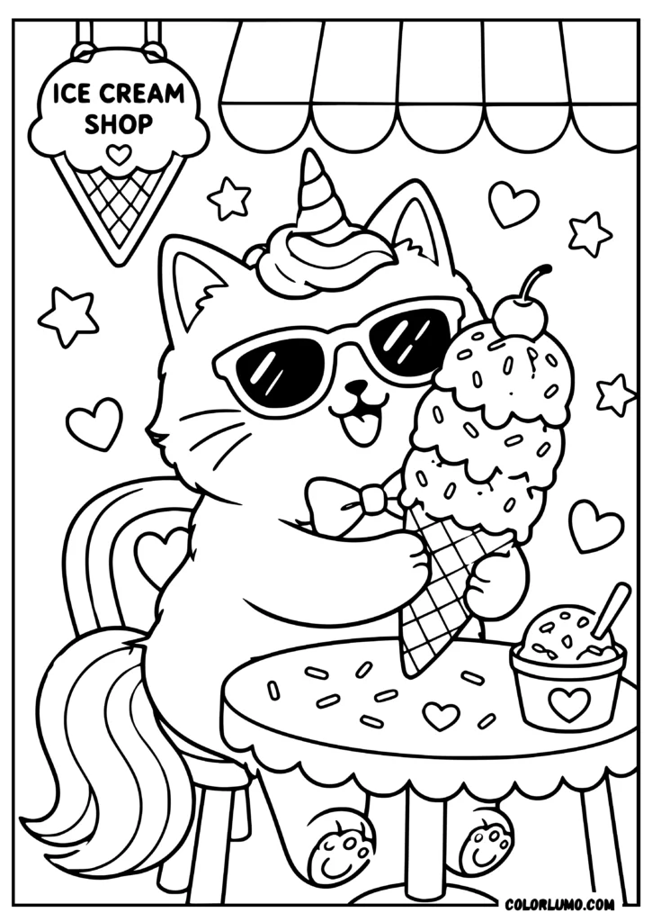cute unicorn cat enjoying a giant ice cream cone coloring pages