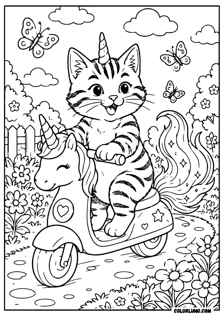 domestic tabby cat riding unicorn shaped scooter coloring page
